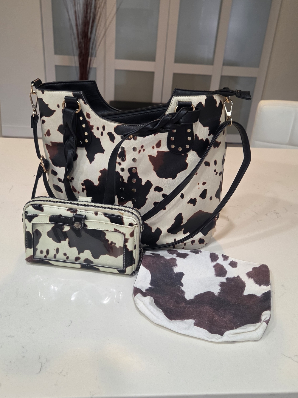 Sam & Hadley Western Cow Print Tote, Crossbody Wallet & Dust Bag 3pc Set